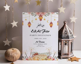 May include: An Eid al-Fitr party invitation card with floral and lantern illustrations. The card includes the text "Eid Al Fitr PARTY INVITATION APRIL 1ST. 2025 At Venue" and a phone number. Decorative stars and a lantern are also present.