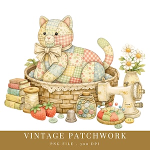 Könnte beinhalten: Aquarell-Illustration einer Patchwork-Katze in einem Korb, umgeben von Nähutensilien. Die Katze besteht aus bunten Stoffquadraten. Weitere Elemente sind eine Vintage-Nähmaschine, Erdbeeren und eine Vase mit Gänseblümchen. Der Text unten lautet "VINTAGE PATCHWORK".