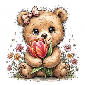 Op de afbeelding: Een schattige teddybeer illustratie met een rood-gele tulp. De beer heeft een roze strik en is omringd door kleurrijke bloemen en harten. De afbeelding is in aquarel stijl.