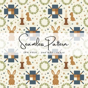 Könnte beinhalten: Ein nahtloses Muster mit sich wiederholenden Illustrationen von Hasen, Kerzen, Kränzen und geometrischen Formen in Braun-, Blau- und Grüntönen auf cremefarbenem Hintergrund. Der Text "Seamless Pattern" ist angezeigt.