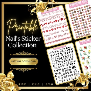 May include: Printable nail art sticker collection featuring a variety of designs, including hearts, donuts, Halloween, and flowers. The image includes the text "Printable Nail's Sticker Collection" and "Instant Download".