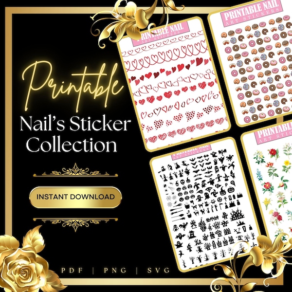 Paquete de pegatinas imprimibles SVG para uñas: Calcomanías para uñas DIY (descarga instantánea)