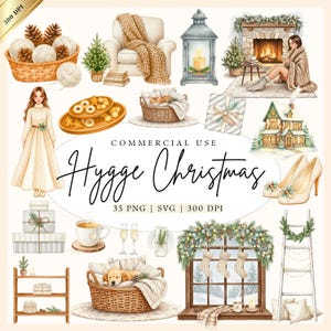 May include: A digital illustration with a cozy Christmas theme. The image features a variety of elements, including a fireplace, a window with stockings, a basket with a sleeping dog, and the text "Hygge Christmas".