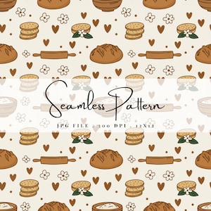 Puede incluir: Patrón sin costuras con elementos de panadería sobre fondo beige. El diseño incluye panes, montones de galletas, rodillos, cuencos, flores y corazones marrones. El texto "Seamless Pattern" está escrito en cursiva.