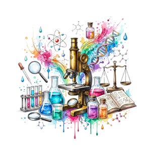 Puede incluir: Una ilustración de estilo acuarela que presenta un microscopio central de latón rodeado de equipo de laboratorio, incluyendo tubos de ensayo, vasos de precipitados con líquidos coloridos, una balanza, una lupa, un gotero y un libro de texto científico abierto.