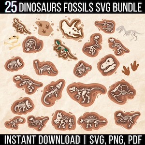 恐竜化石 SVG バンドル | 25 PNG シルエット Cricut およびレーザーカット ファイル | T-Rex トリケラトプス ジュラ紀 クリップアート | 恐竜愛好家へのデジタル ギフト