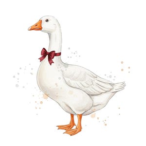 Pode incluir: Ilustração em aquarela de um ganso branco com pés e bico laranja, usando uma gravata borboleta bordô. O ganso está em um fundo branco com respingos sutis de aquarela.
