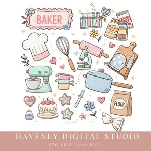 以下が含まれることがあります： シェフの帽子、泡立て器、めん棒など、ベーキングをテーマにしたイラスト。画像には「BAKER」というピンク色のバナーと小麦粉の袋が含まれています。パステルカラーの柔らかい色使いです。