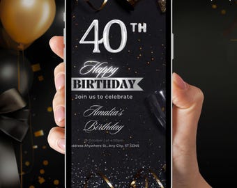 Elegant 40th Birthday Invitation: Black & Gold Dinner Party Evite (Canva Template Digital Download)