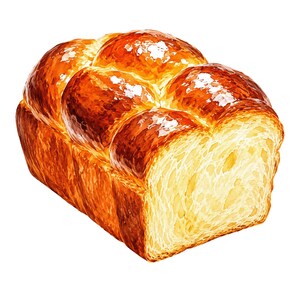 Op de afbeelding: Een brood brioche met een goudbruine, glanzende korst en een zachte, luchtige binnenkant. Het brood heeft een duidelijke structuur met afgeronde, gebakken segmenten die een rijke kleur en een lichte, poreuze textuur laten zien.