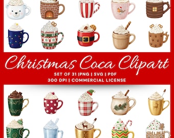 Christmas Cocoa Clipart 2025, Watercolor Hot Chocolate PNG, 30 Coffee Cups, Cozy Winter Drink PNG, Holiday Art, Instant Download