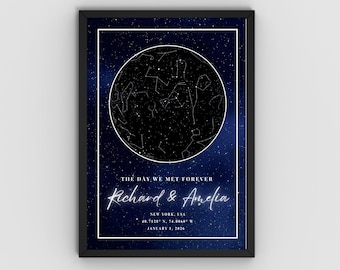 Individuell angefertigte Sternenkarte Wandkunst Hochzeitsgeschenk Der Tag als wir uns trafen Forever Konstellation Druck • Digitale Sternenkarte des Nachthimmels Poster für Rahmen