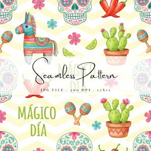 May include: A seamless pattern featuring colorful illustrations of a piñata, maracas, cacti in pots, sugar skulls, chili peppers, and flowers. The design includes the text "Mágico Día" and "Seamless Pattern" on a yellow chevron background.
