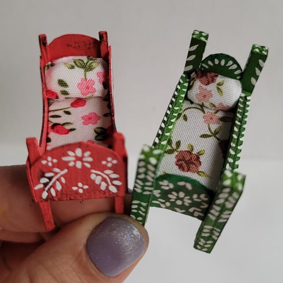 Handmade Miniature Doll Bed – Hand-Painted Balsa Wood Dollhouse Furniture by TinySecretGardenArt
