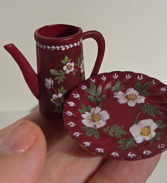 Jug and serving plate - hand-painted dishes for 1:6 dollhouse by TinySecretGardenArt