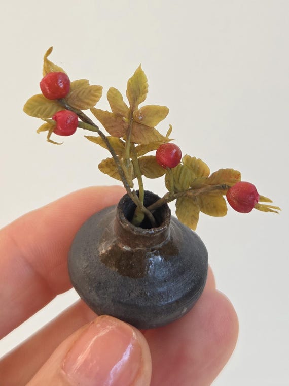 Miniature rose hip branch - 1:12 scale dollhouse flower by TinySecretGardenArt