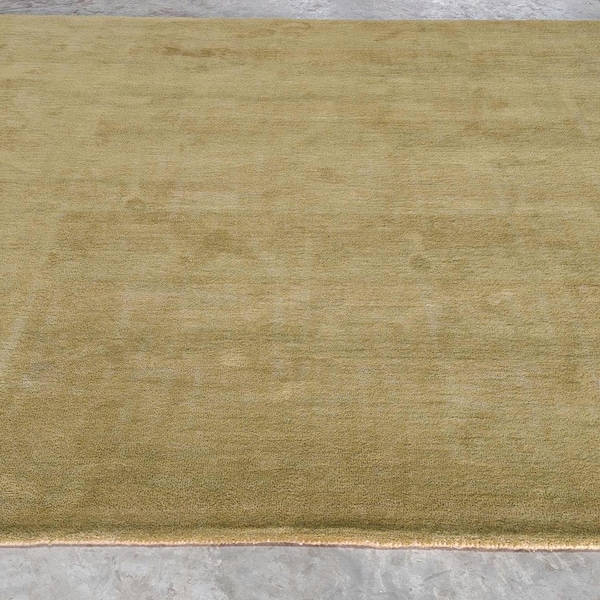Hand made Tufted Woolen Rug Plain – Olive Green / Muted Yellow–Thick Plush Pile Bedroom Rug–Modern Solid Color Floor Decor for living room