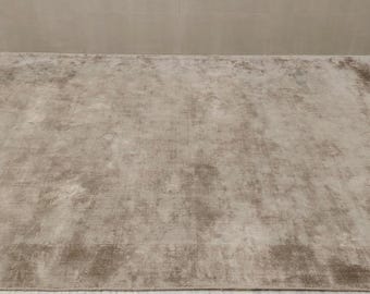 Handmade Handloom Silk Rug – Tip Sheared Texture, Modern Solid Design, Luxury Cut Pile Area Rug, Neutral Beige Silk Carpet, Custom Size Avai