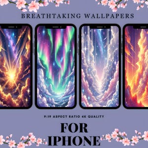 May include: Four different phone wallpapers featuring colorful, abstract clouds and stars. The text "BREATHTAKING WALLPAPERS" is at the top of the image. The text "9:19 ASPECT RATIO 4K QUALITY" is below the images. The text "FOR IPHONE" is at the bottom of the image.