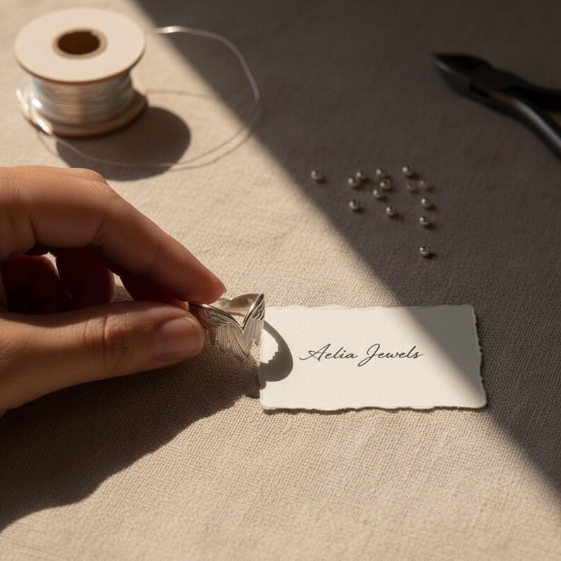 K&ouml;nnte beinhalten: Ein silberner Ring mit Blattdesign wird in der N&auml;he einer Karte mit der Aufschrift "Aelia Jewels" gehalten. Der Ring befindet sich neben einer Spule aus Silberdraht, kleinen Silberperlen und einer Zange. Das Design des Rings ist detailliert und strukturiert.