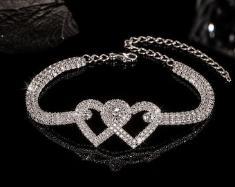Rhinestone Double Heart Anklet, Crystal Bracelet Women, Elegant Wedding Jewelry