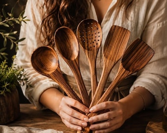 Wood Cooking Utensils Set, Wooden Kitchen Tools, Non Toxic Cooking Spoons, Rustic Kitchen Decor, Wooden Spatula Set