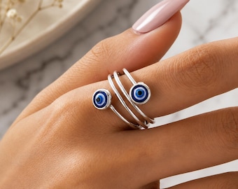 Blue Evil Eye Adjustable Ring Minimalist Silver Open Wrap Ring