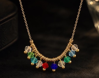 Gold-Tone Necklace, Rainbow Crystal Pendants, Stainless Steel, Adjustable Length