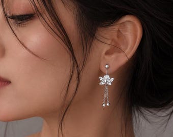 Elegant Silver Lotus Flower Dangle Earrings for Women Minimalist Boho Jewelry Gift
