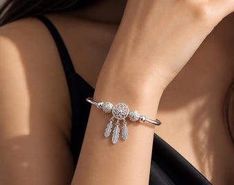 Dreamcatcher Charm Bracelet, Feather Bangle, Boho Adjustable Jewelry Gift for Women