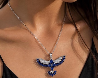Blue Eagle Crystal Pendant Necklace, Silver Copper Chain Jewelry, Statement Zirconia
