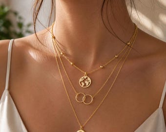Layered necklace set, crescent moon pendant, world map charm, simple bohemian jewelry gift