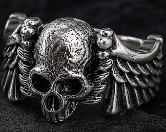 Gothic Schädel Flügel Ring - Herren Biker Statement Schmuck