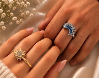 Sun Moon Jewelry  Couple Set Necklace Bracelet Ring Celestial Gift for Women