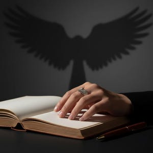 K&ouml;nnte beinhalten: Ein silberner Ring mit Fl&uuml;geldesign an einer Hand, die auf einem offenen Buch ruht. Ein brauner Stift liegt neben dem Buch. Der Schatten eines Vogels mit ausgebreiteten Fl&uuml;geln wird auf die Wand hinter der Hand und dem Buch geworfen.