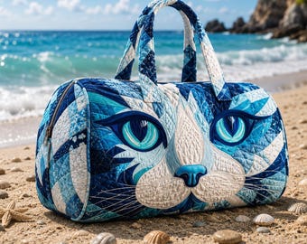 Artistic Quilted Cat Duffle Bag Cute Weekend Travel Tote Gift For Cat Lovers, with adjustable strap,  Quilted Boho Tote
