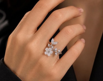 Delicate Floral Ring, Adjustable Leaf Design, Silver-Tone Jewelry