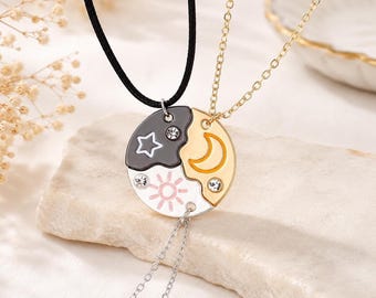 Sun Moon Matching Necklace 3Pcs/Set for Couples Best Friend.