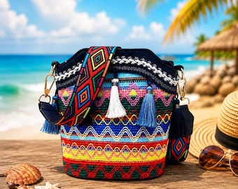 Boho Crossbody Bag for Women Colorful Woven Tassel Shoulder Purse Ethnic Handbag