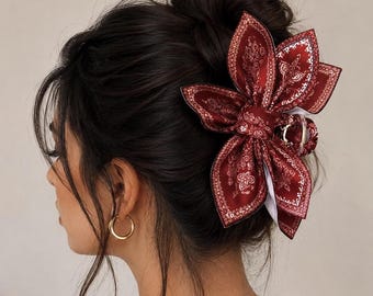Oversized Bandana Hair Bow Scrunchie, Boho Chic Ponytail Holder, Women's Accessory