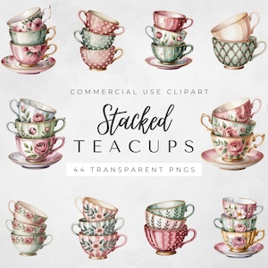 Clipart di tazze da tè impilate minimaliste / 44 PNG di tazze da tè vintage con motivo floreale dorato / Clip art di un tea party con acquerello / Uso commerciale
