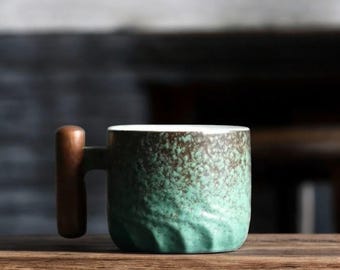 Handmade Japanese Ceramic Espresso Cups | Mini Tea Cup with Wood Handle | Rustic Espresso Shot Glass | Modern Noodle Cup | Unique Mug
