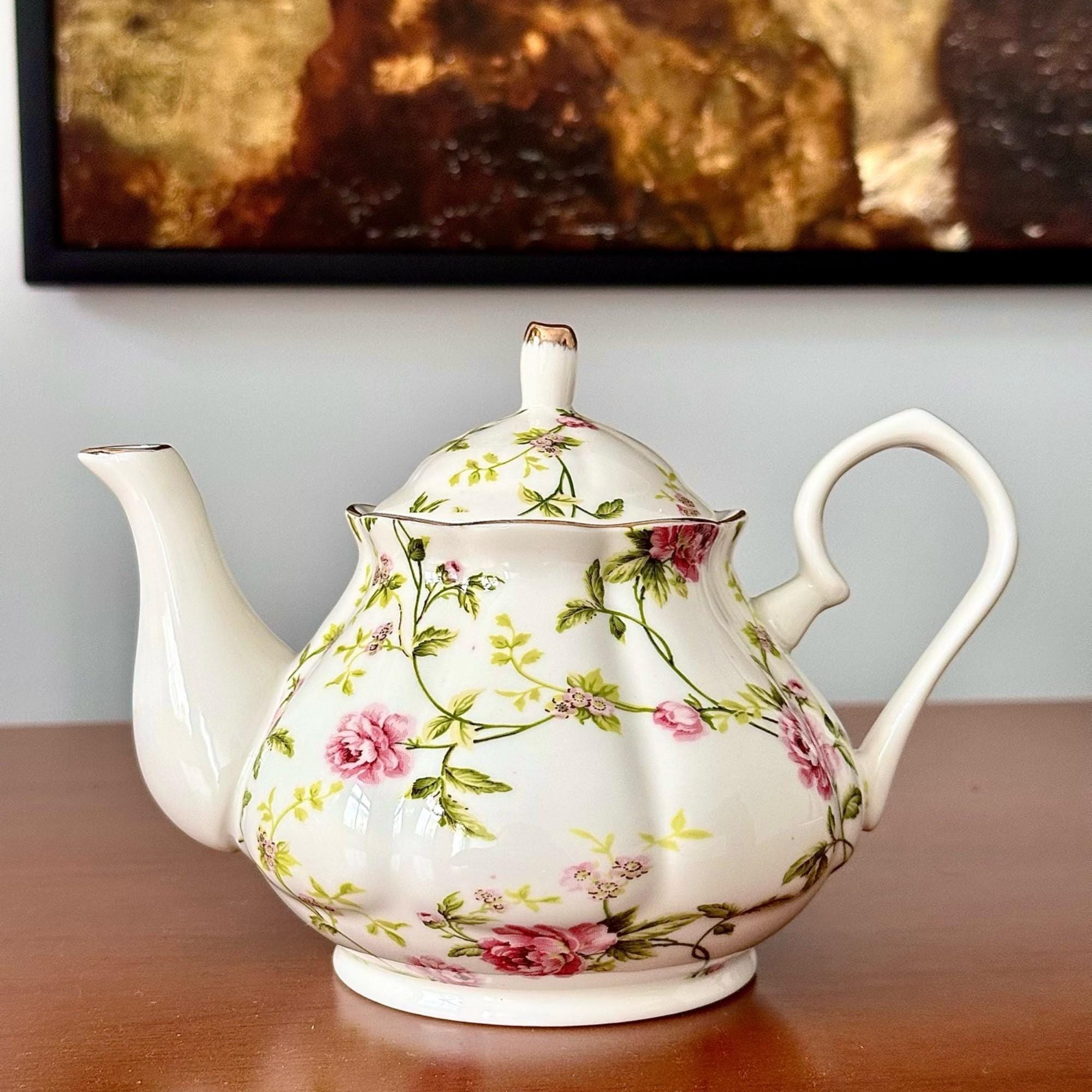 Floral Tea Kettle for Stove Top | Vintage Enamel Kettle with Gold Handle | Stovetop Gas Kettle | Elegant Boho Kitchen Decor