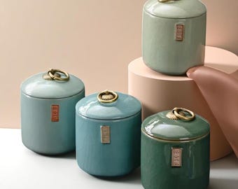 Ceramic Tea Canister with Lid and Metal Handle | Sealed Storage Jar for Sugar, Coffee, or Loose Leaf Tea | Kitchen Container | Airtight,