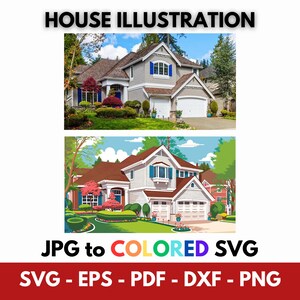画像をカラーハウス SVG、カラフルな家のイラスト、カスタムデジタルハウスアートワーク、写真からベクター、JPG、PNG から SVG に変換