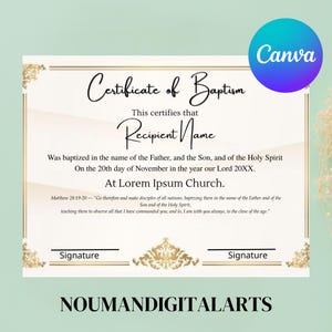 Plantilla de certificado de bautismo editable / Certificado de bautismo imprimible / Certificado de dedicación / Plantilla de Canva