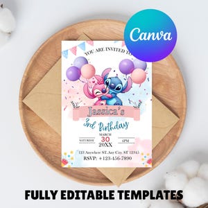 Stitch and Angel Birthday Invitation: Editable & Printable Template – Beautiful Invitation for Your Little One's Birthday, Editable in Canva