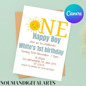 One Happy Boy 1st Birthday Invitation, One Happy Boy Birthday Invite, Happy Boy Birthday Invitation, Sun 1st Birthday Invite, Canva