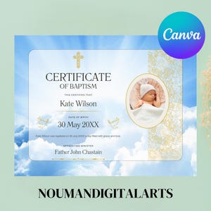 Plantilla de certificado de bautismo editable, certificado de bautismo imprimible, certificados de bautismo de bebé personalizados, plantilla de Canva para iglesia