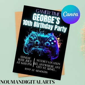 Editable Neon Game On Level Up Gaming Birthday Party Invitation, Video Game Birthday Invitation, Glow Game Party Printable Canva Template
